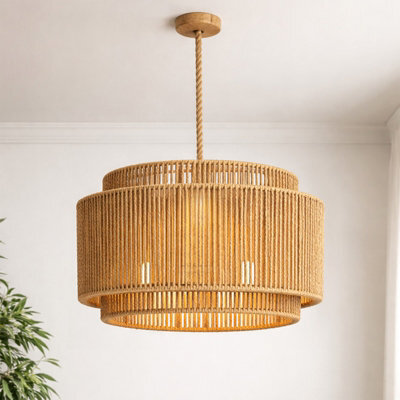 Double Layer Boho Rustic Pendant Lampshade 32Cm, Handwoven Wicker Ceiling Light Shade - image 1