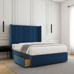 REGIONAL FURNISHINGS Blue Plush Velvet Divan Bed Set Upholstered 54Inch Headboard 2Drawersfootend & Mattress In Double King 4Ft 6Ft Sizes