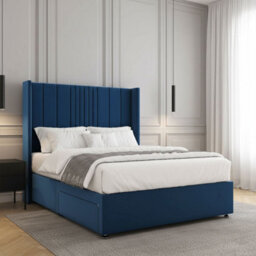 REGIONAL FURNISHINGS Blue Plush Velvet Divan Bed Set Upholstered 54Inch Headboard 2Drawersfootend & Mattress In Double King 4Ft 6Ft Sizes - thumbnail 3