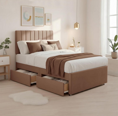 "6Ft Luxury Mink Plush Divan Super King Bed Frame With Mattress, 20"" Vertical Line Headboard, Bed With 2 Storage Drawers" - image 1