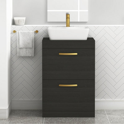 Royal Bathrooms 600mm Floor Standing Vanity Unit 2 Drawer Hale Black & Countertop Basin - Cube With Brushed Brass Handle - image 1