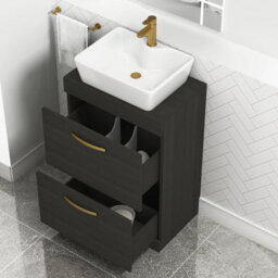 Royal Bathrooms 600mm Floor Standing Vanity Unit 2 Drawer Hale Black & Countertop Basin - Cube With Brushed Brass Handle - thumbnail 3