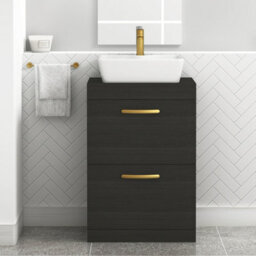 Royal Bathrooms 600mm Floor Standing Vanity Unit 2 Drawer Hale Black & Countertop Basin - Cube With Brushed Brass Handle - thumbnail 1