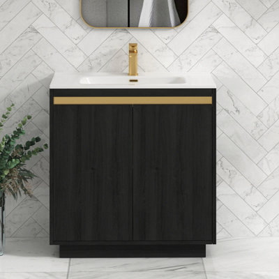 Royal Bathrooms Orion 800mm Floor Standing Bathroom Vanity Unit 2 Door Hale Black With Ceramic Basin & Brushed Brass Accent Trim - image 1