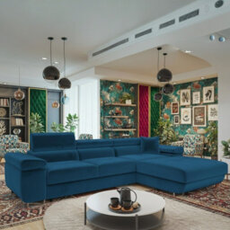 Torezio Mini L Shaped Sofa Bed With Adjustable Headrests Storage Dolfn Mechanism 280X170X70-90Cm Blue Right - thumbnail 1