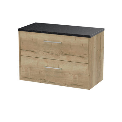 Nuie Hudson Reed Juno Wall Hung 2-Drawer Vanity Unit & Black Worktop, Stylish Countertop Basin Unit In Autumn Oak, 800mm - image 1