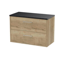 Nuie Hudson Reed Juno Wall Hung 2-Drawer Vanity Unit & Black Worktop, Stylish Countertop Basin Unit In Autumn Oak, 800mm - thumbnail 1
