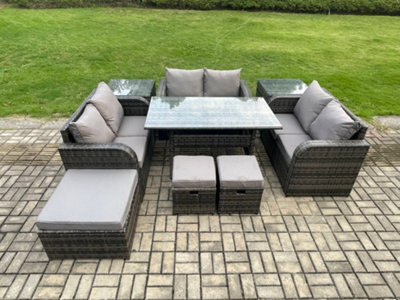 Fimous 9 Pieces Outdoor Rattan Garden Furniture Set With Patio Rectangular Dining Table Love Sofa 2 Side Tables 3 Footstools - image 1