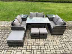 Fimous 9 Pieces Outdoor Rattan Garden Furniture Set With Patio Rectangular Dining Table Love Sofa 2 Side Tables 3 Footstools - thumbnail 1
