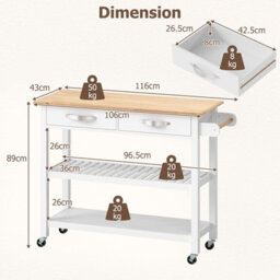 Costway Kitchen Island 3-Tier Rolling Utility Cart With 2 Drawers-White - thumbnail 2