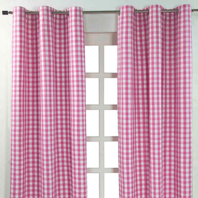 Homescapes Cotton Pink Block Check Gingham Eyelet Curtains 137 X 182 Cm - image 1