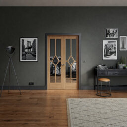 Lpd Clear Glazed Modern Light Brown White Oak Veneer Internal Oak & Particle Board Door, (H)2031mm (W)1246mm (T)35mm - thumbnail 1