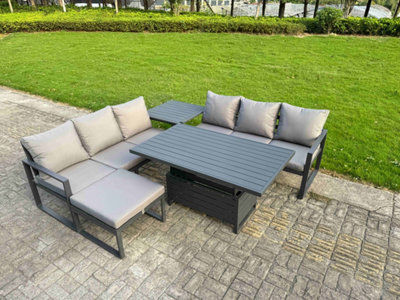 Fimous 5 Pieces Garden Furniture Set Aluminium Adjustable Rising Lifting Dining Table And Sofa Set With Side Table Stool Dark Grey - image 1