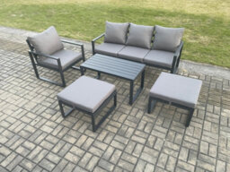 Fimous Aluminium 5 Pieces Garden Furniture Sofa Set With Cushions 6 Seater Outdoor Patio Set With 2 Big Footstools Dark Grey - thumbnail 2