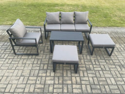 Fimous Aluminium 5 Pieces Garden Furniture Sofa Set With Cushions 6 Seater Outdoor Patio Set With 2 Big Footstools Dark Grey - thumbnail 1