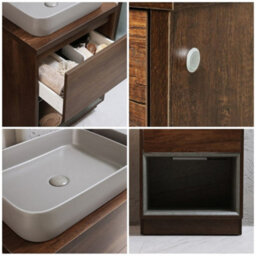 Homestylestore Dark Oak 600mm Led Lit Bathroom Vanity Unit Rectangular Pebble Countertop Basin Open Shelf - thumbnail 2