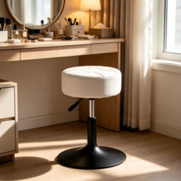 Swivel Dressing Table Chair, Height Adjustable Vanity Stool, Padded Faux Leather Seat, Chrome Metal Base, White