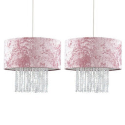 Valuelights Boland Pair Of Boland Pink Velvet Cylinder Ceiling Light Shades With Clear Acrylic Droplets (D)35Cm