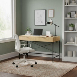Home Source Wisbech 2 Drawer Oak Effect And Metal Home Office Computer Writing Desk