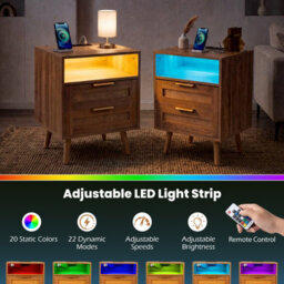 Gainoom Rattan Bedside Table With Charging Station And Led Lights Boho Nightstand End Sofa Side Table - thumbnail 8