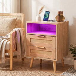Gainoom Rattan Bedside Table With Charging Station And Led Lights Boho Nightstand End Sofa Side Table - thumbnail 4
