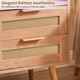 Gainoom Rattan Bedside Table With Charging Station And Led Lights Boho Nightstand End Sofa Side Table - thumbnail 7