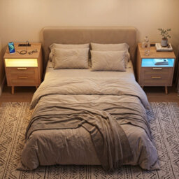 Gainoom Rattan Bedside Table With Charging Station And Led Lights Boho Nightstand End Sofa Side Table - thumbnail 5