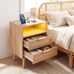 Gainoom Rattan Bedside Table With Charging Station And Led Lights Boho Nightstand End Sofa Side Table - thumbnail 3