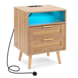 Gainoom Rattan Bedside Table With Charging Station And Led Lights Boho Nightstand End Sofa Side Table - thumbnail 6