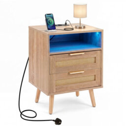 Gainoom Rattan Bedside Table With Charging Station And Led Lights Boho Nightstand End Sofa Side Table