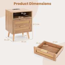 Gainoom Rattan Bedside Table With Charging Station And Led Lights Boho Nightstand End Sofa Side Table - thumbnail 2