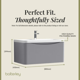 Balterley Dunwood Wall Hung 1 Drawer Bathroom Vanity Unit & Polymarble Basin, Satin Grey, 755mm - thumbnail 5