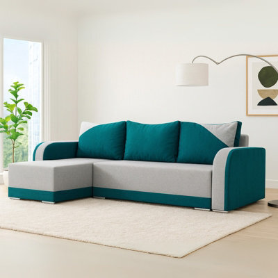 Modern Arizona Fabric Corner Sofa Bed With Storage Universal Left Or Right Design Light Grey And Turqouise - image 1