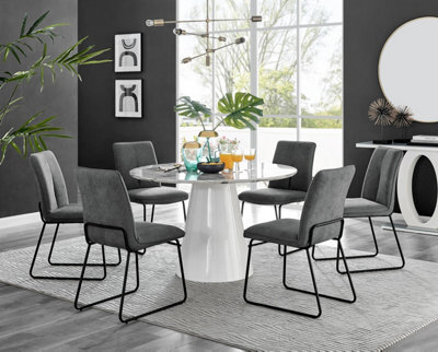 Furniturebox Uk Palma White Marble Effect Round Dining Table & 6 Dark Grey Halle Black Leg Chairs - image 1