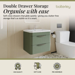 Balterley Aldershawe Contemporary Wall Hung 2 Drawer Bathroom Vanity Unit & Ceramic Basin, Satin Green, 610mm - thumbnail 2