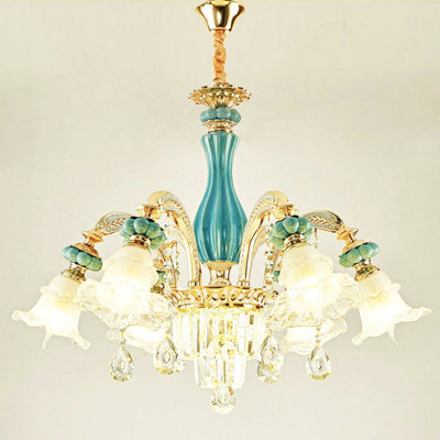 Wdw 6-Arm Blue Gold Chandelier Pendant Ceiling Lamp With Ceramic, Crystal And Zinc Alloy Accents - image 1