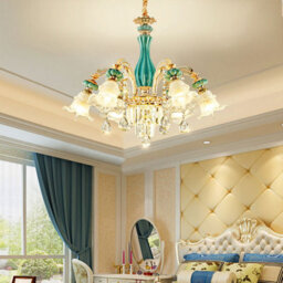 Wdw 6-Arm Blue Gold Chandelier Pendant Ceiling Lamp With Ceramic, Crystal And Zinc Alloy Accents - thumbnail 3