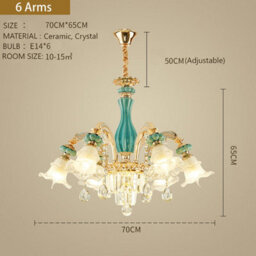 Wdw 6-Arm Blue Gold Chandelier Pendant Ceiling Lamp With Ceramic, Crystal And Zinc Alloy Accents - thumbnail 2