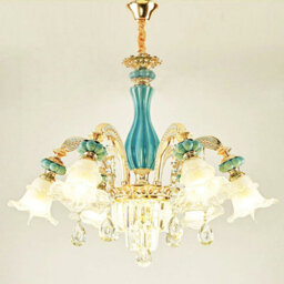 Wdw 6-Arm Blue Gold Chandelier Pendant Ceiling Lamp With Ceramic, Crystal And Zinc Alloy Accents - thumbnail 1