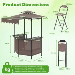 Gainoom 3-Piece Patio Bar Set Brown Outdoor Bbq Canopy W/bar Table & 2 Folding Bar Stools - thumbnail 2