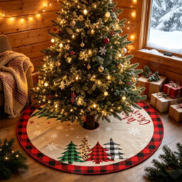 Amorly 48Inch Red Rustic Christmas Tree Skirt With Snowflakes, Black Red Buffalo Plaid Tree Base Ornament For Indoor Holiday Decorations - thumbnail 1
