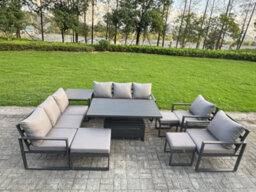 Fimous 11-Seater Aluminium Outdoor Dining Set With Adjustable Rising Lifting Dining Table & Cushions Side Table 3 Footstools - thumbnail 1
