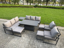 Fimous 11-Seater Aluminium Outdoor Dining Set With Adjustable Rising Lifting Dining Table & Cushions Side Table 3 Footstools - thumbnail 2