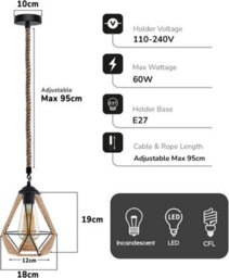 Vintage Hemp Rope  Ceiling Light, E27 Retro Metal Hanging Ceiling Lamp, Bedroom, Kitchen, Cafe Bar - thumbnail 7