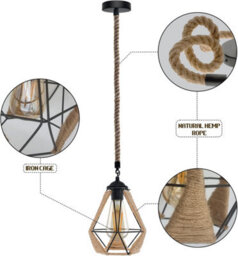 Vintage Hemp Rope  Ceiling Light, E27 Retro Metal Hanging Ceiling Lamp, Bedroom, Kitchen, Cafe Bar - thumbnail 8