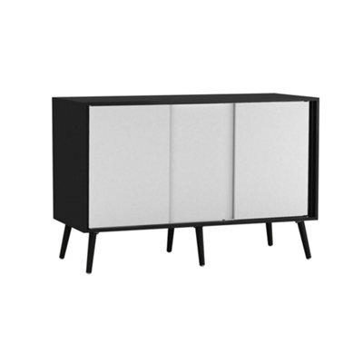 Urbn-Living Urbnliving 3-Door Sliding Cabinet Sideboard Black Carcass With White Doors Storage Organiser Home Cupboard Black Wooden Legs - image 1