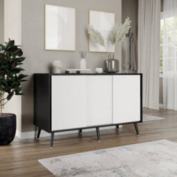 Urbn-Living Urbnliving 3-Door Sliding Cabinet Sideboard Black Carcass With White Doors Storage Organiser Home Cupboard Black Wooden Legs - thumbnail 3