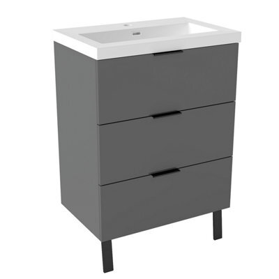AVER-GROWTH 600mm Bathroom Vanity Unit With Sink Matt Grey Floor Standing Bathroom Storage Cabinet 3 Drawers Handles Black Handles - image 1