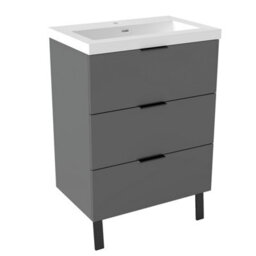 AVER-GROWTH 600mm Bathroom Vanity Unit With Sink Matt Grey Floor Standing Bathroom Storage Cabinet 3 Drawers Handles Black Handles - thumbnail 1