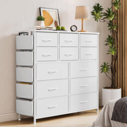 London Boutique White 12 Drawer Chest Of Drawers, Fabric Dresser With Side Pockets And Hooks, Bedroom Storage Unit, 99X30X110Cm - thumbnail 6